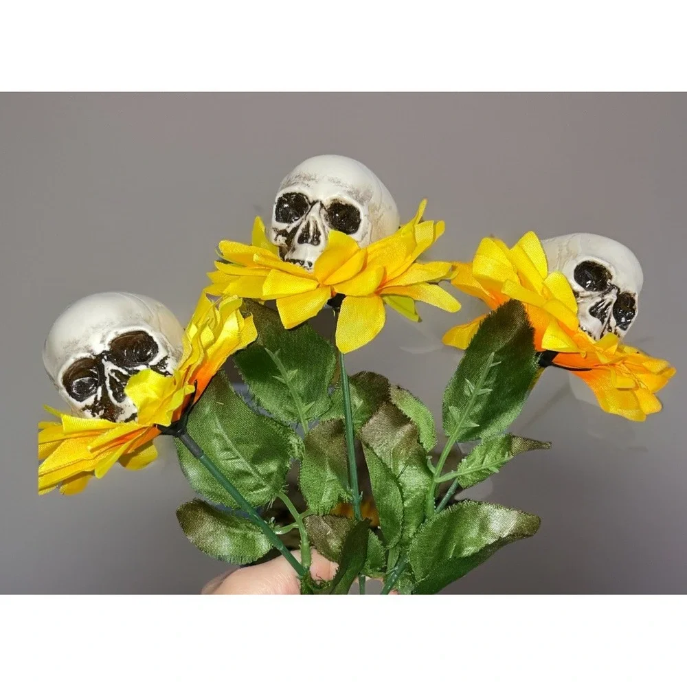 3 Faux Sunflowers Skull Garden Halloween Goth Decoration Glow In‎ the Dark